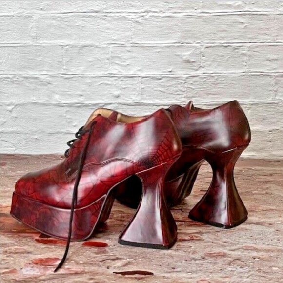 Vintage OG 90’s London Underground Spiderweb Print Leather Coffin Heel Platforms - Picture 1 of 8